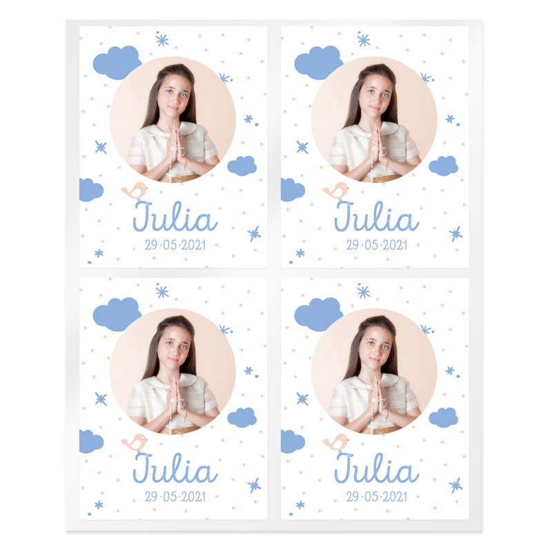 Pegatinas nubes azules comunion personalizadas con foto