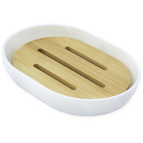 Jabonera blanca de plastico y bambu