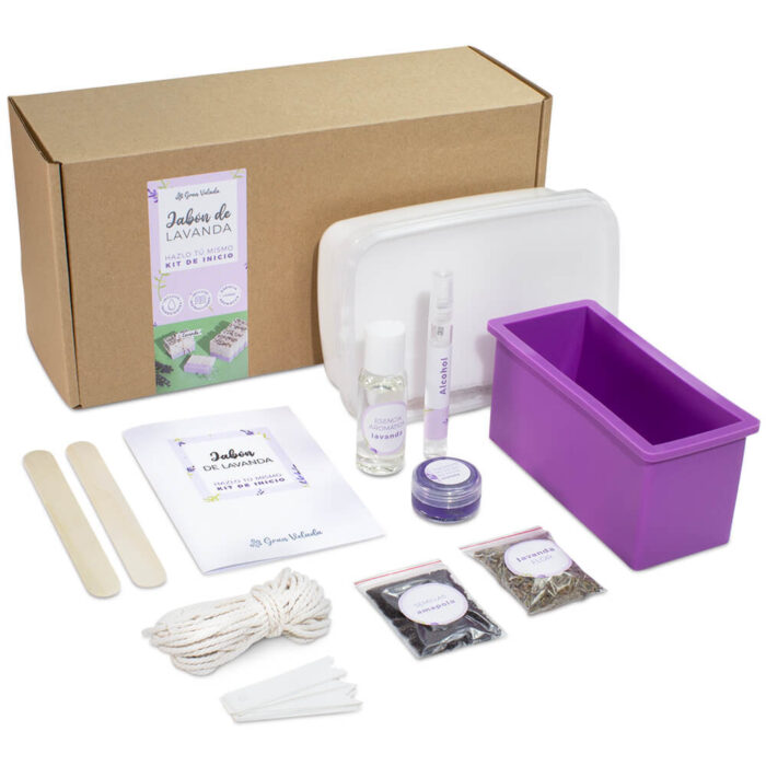 Kit con materiales y receta para hacer jabon de lavanda