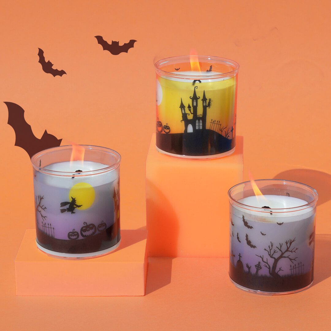 Kit como hacer velas de Halloween en vaso. Materiales e instrucciones