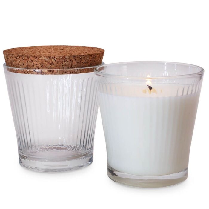 Vaso 280 ml estriado con tapa de corcho para velas