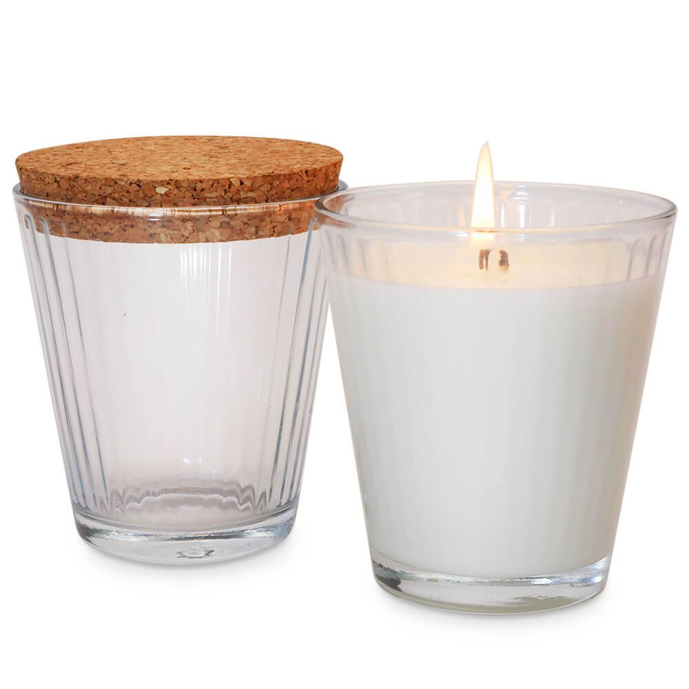 Vaso 230 ml rayas con tapa de corcho para velas