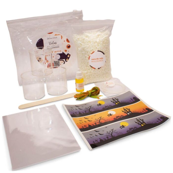 Kit como hacer velas de Halloween en vaso. Materiales e instrucciones